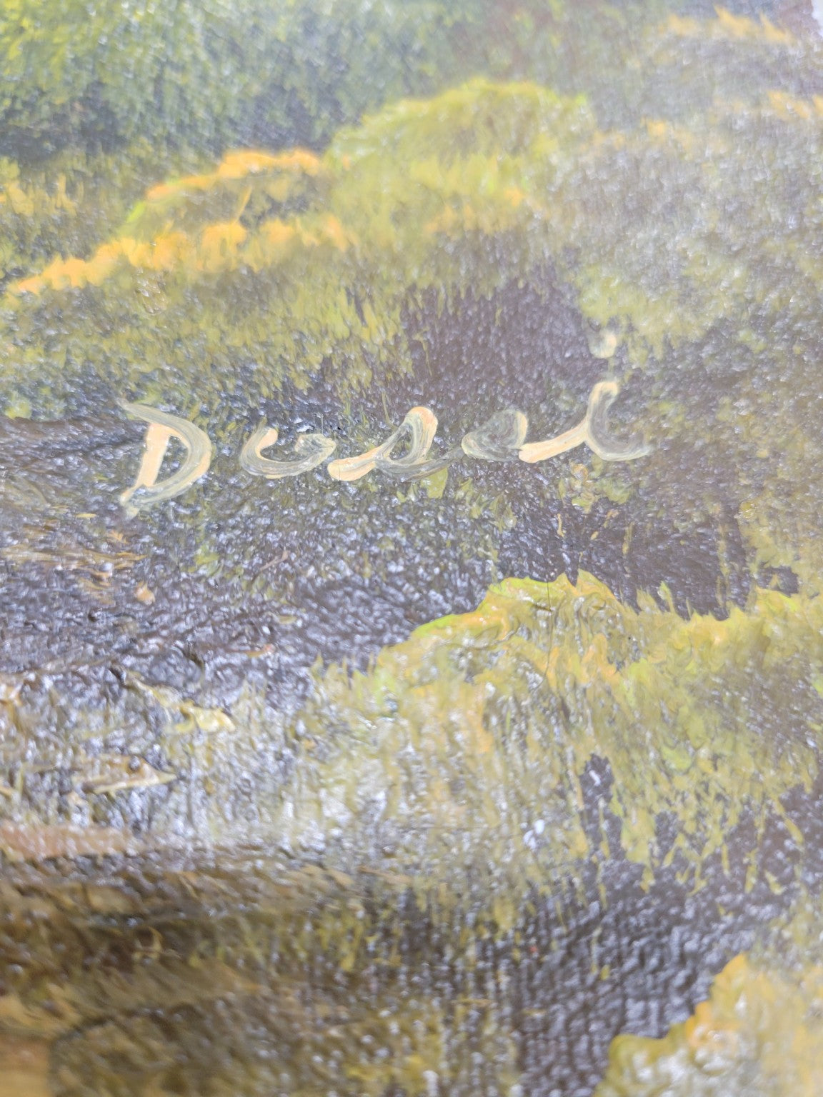 Vintage Landscape Oil Painting by Dossel – Forest Scene with Pond