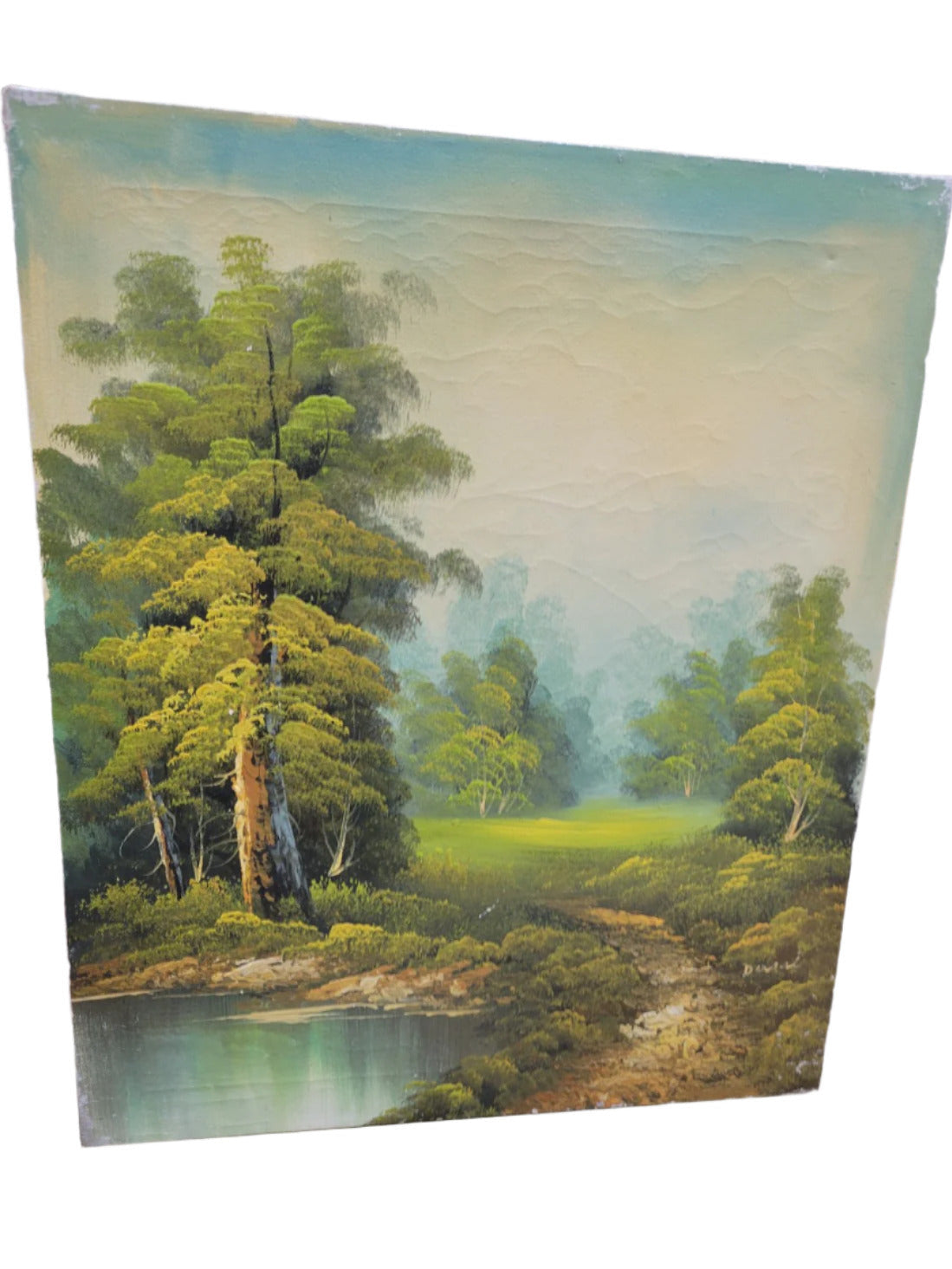 Vintage Landscape Oil Painting by Dossel – Forest Scene with Pond