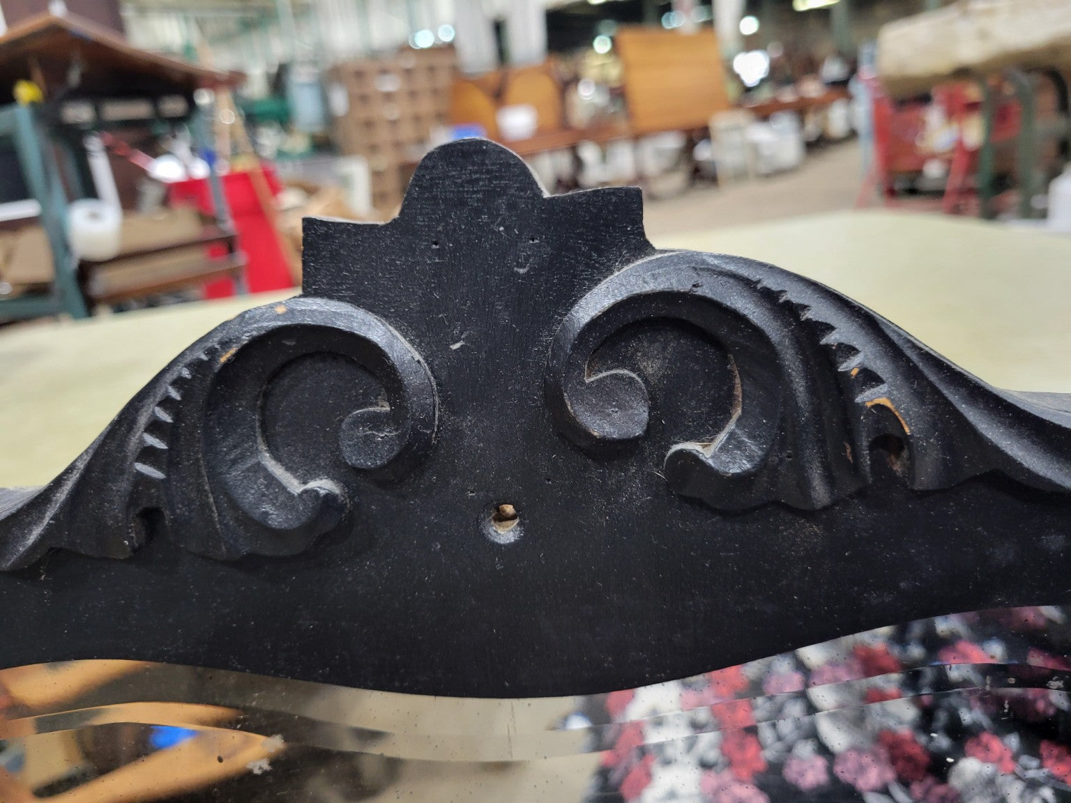 Antique Black Painted Mirror with Carved Crest