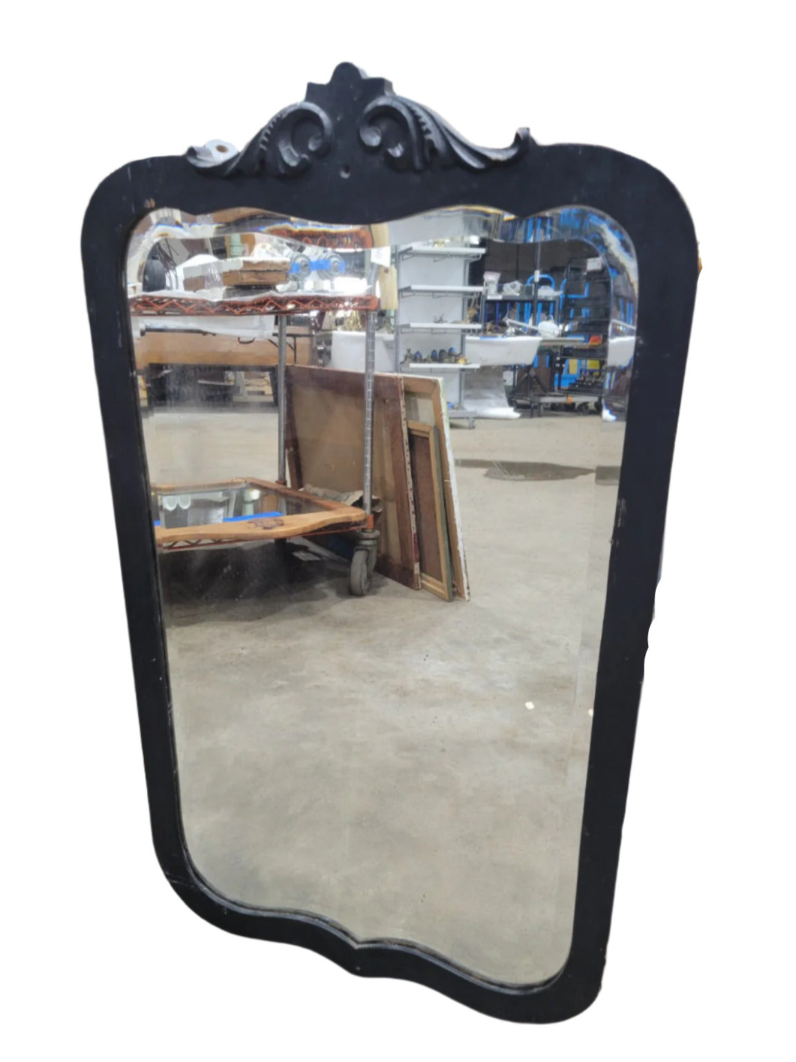Antique Black Painted Mirror with Carved Crest