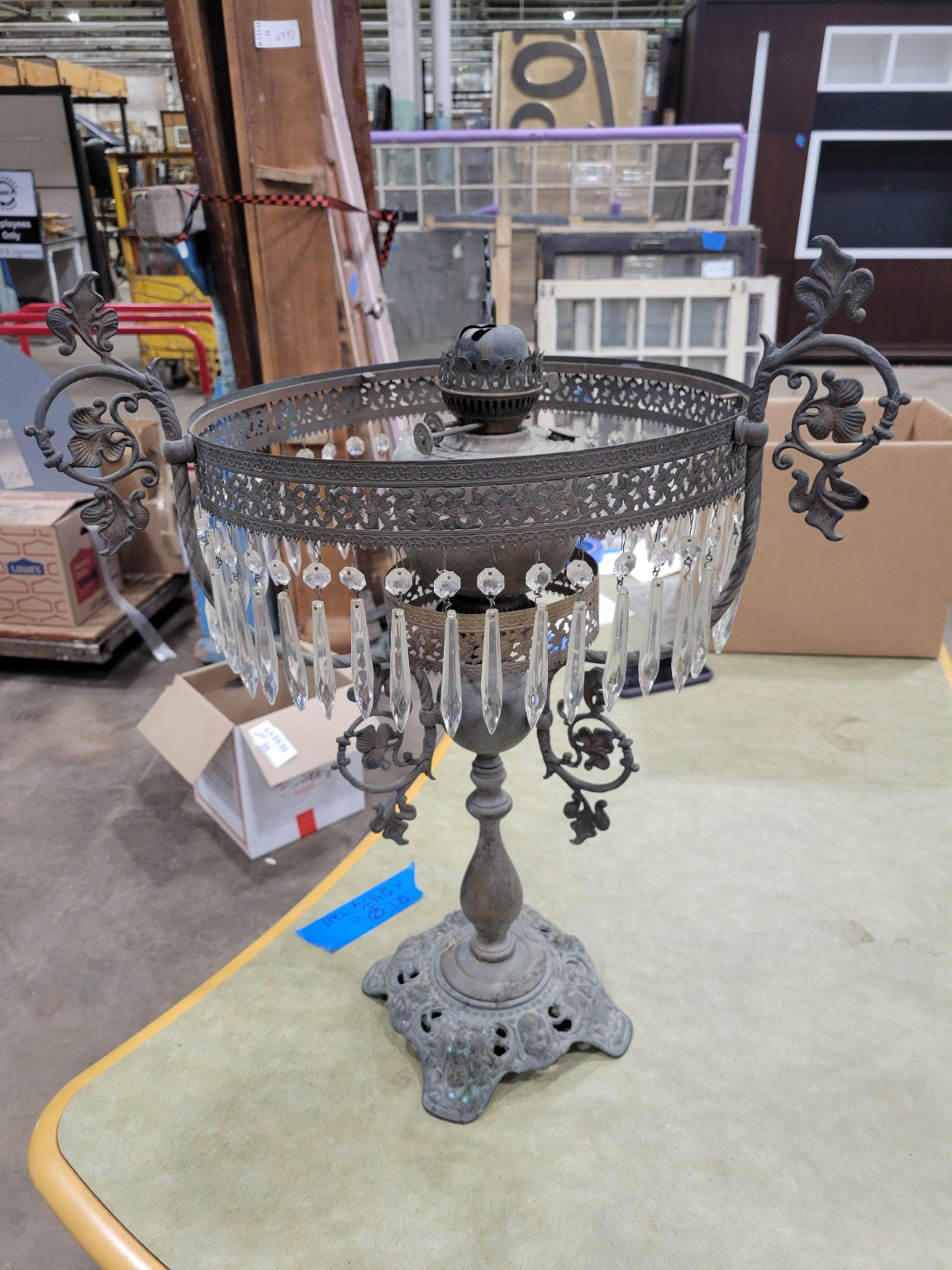 Victorian Cast Iron Oil Lamp Base with Glass Prisms – Ornate Filigree Detail