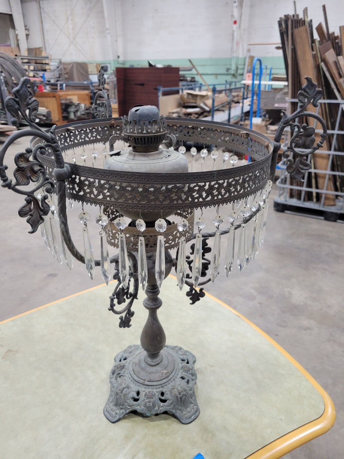 Victorian Cast Iron Oil Lamp Base with Glass Prisms – Ornate Filigree Detail