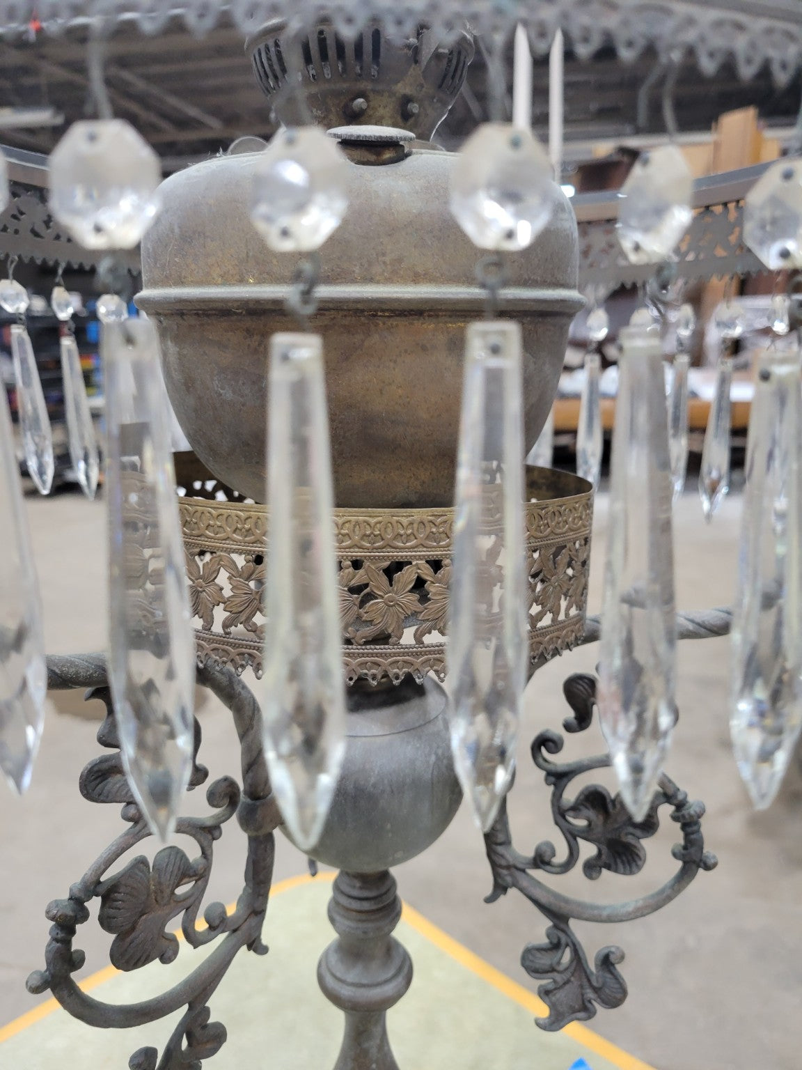 Victorian Cast Iron Oil Lamp Base with Glass Prisms – Ornate Filigree Detail