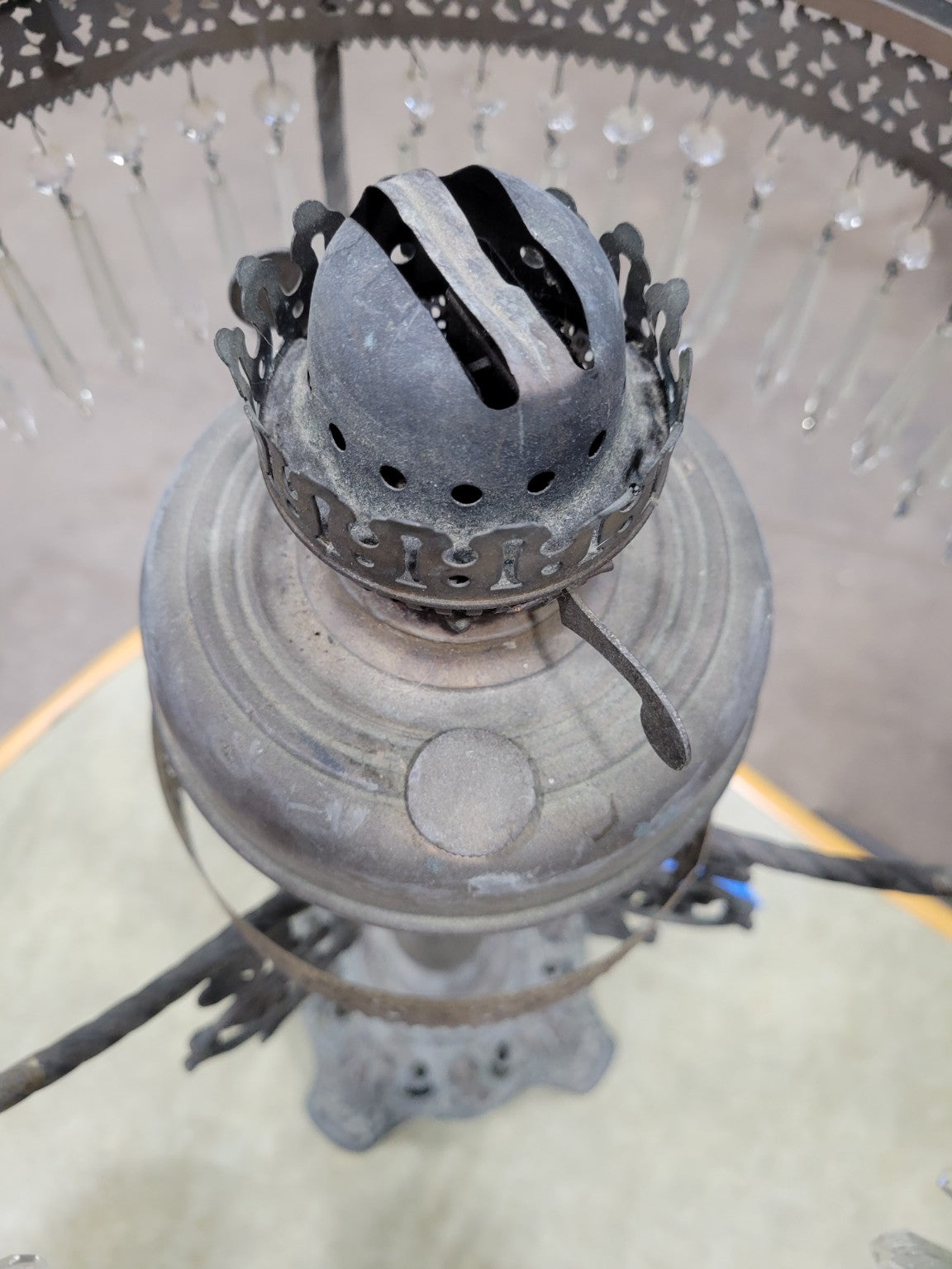 Victorian Cast Iron Oil Lamp Base with Glass Prisms – Ornate Filigree Detail