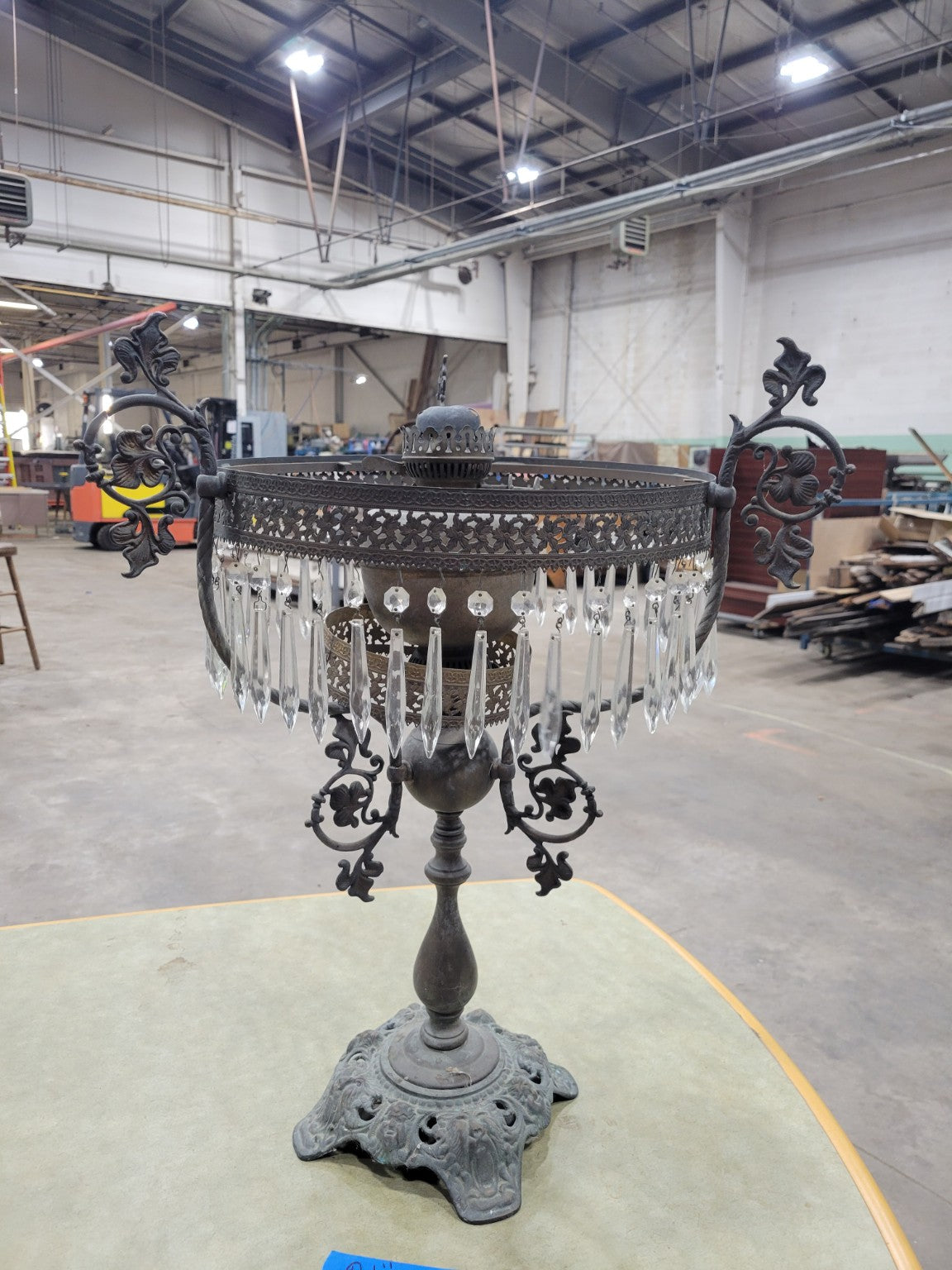 Victorian Cast Iron Oil Lamp Base with Glass Prisms – Ornate Filigree Detail