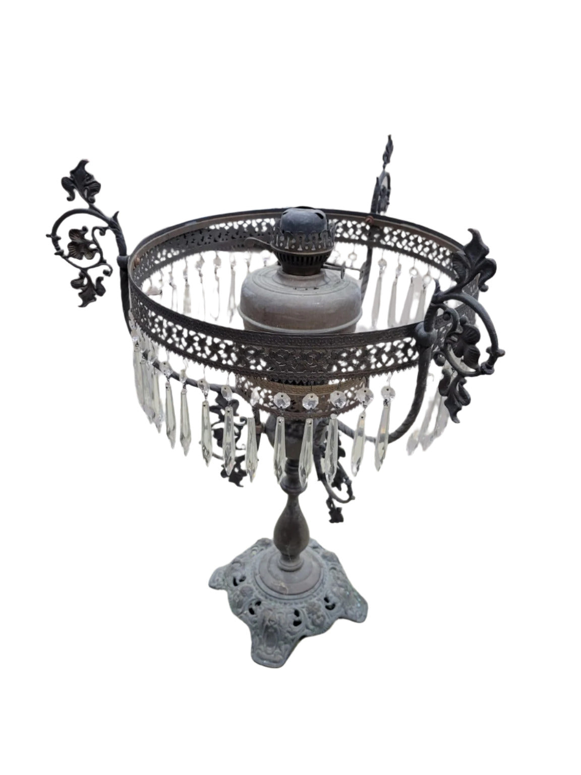 Victorian Cast Iron Oil Lamp Base with Glass Prisms – Ornate Filigree Detail