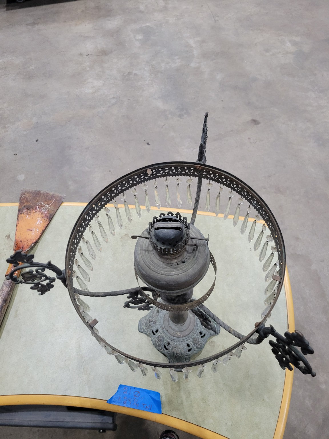 Victorian Cast Iron Oil Lamp Base with Glass Prisms – Ornate Filigree Detail