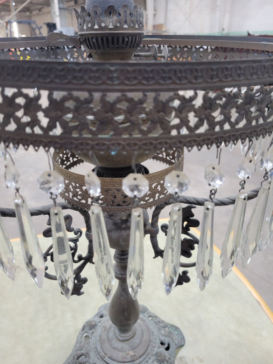 Victorian Cast Iron Oil Lamp Base with Glass Prisms – Ornate Filigree Detail