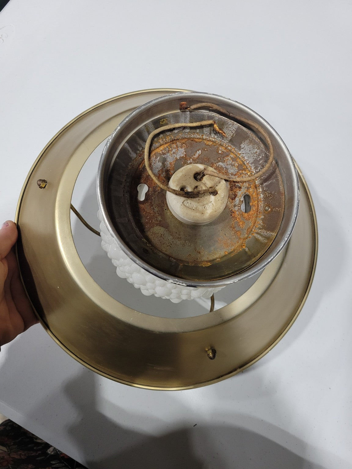 Mid-Century Brass and Milk Glass Flush Mount Light Fixture – 13.5" Diameter