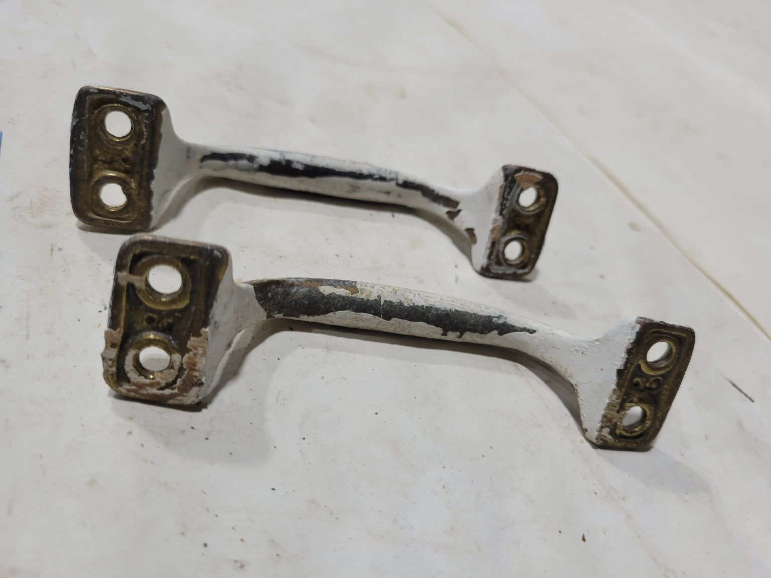 Set of 2 Vintage Cast Iron Drawer Pulls – White Paint Over Brass, 4 Width