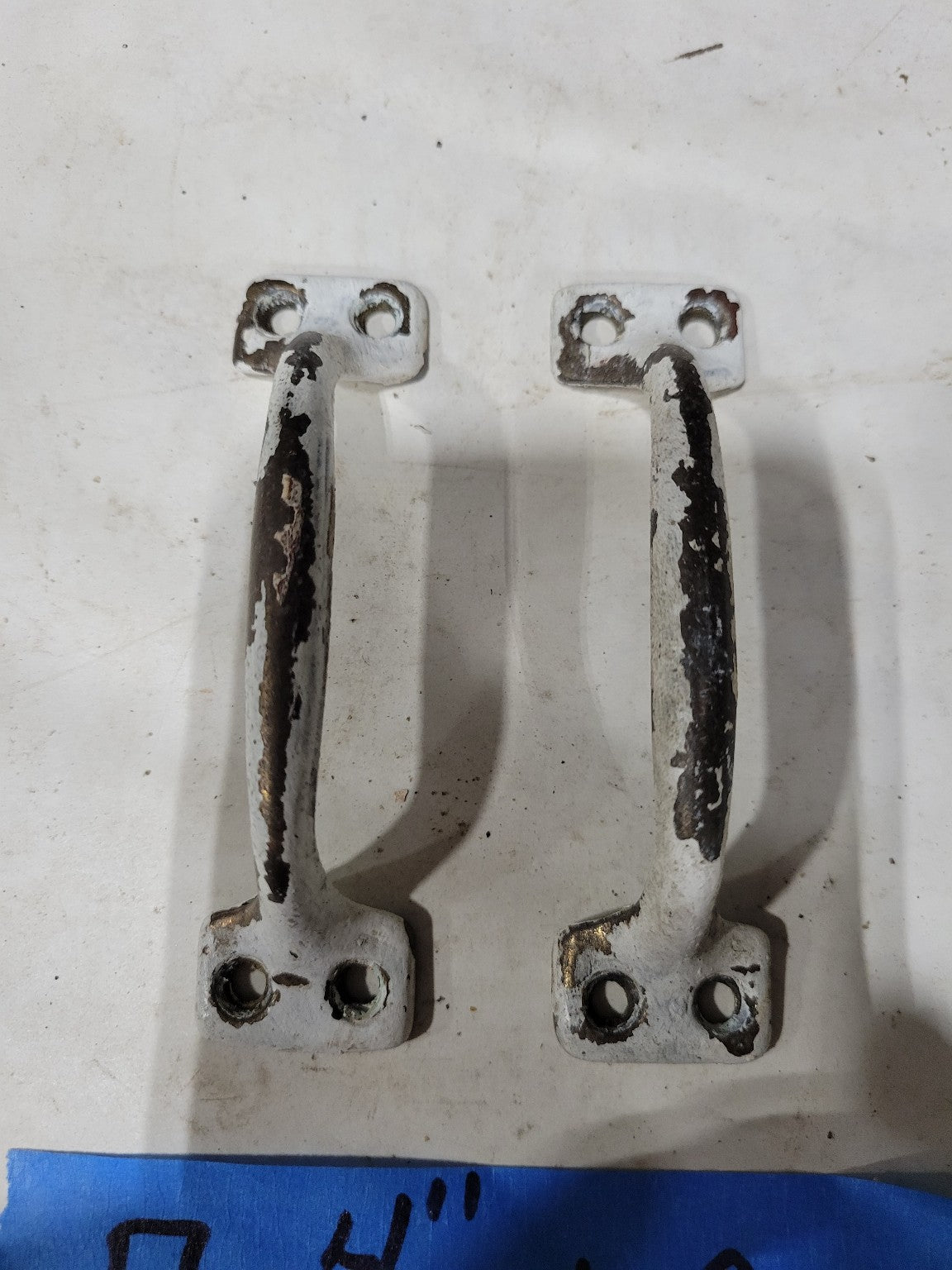 Set of 2 Vintage Cast Iron Drawer Pulls – White Paint Over Brass, 4 Width