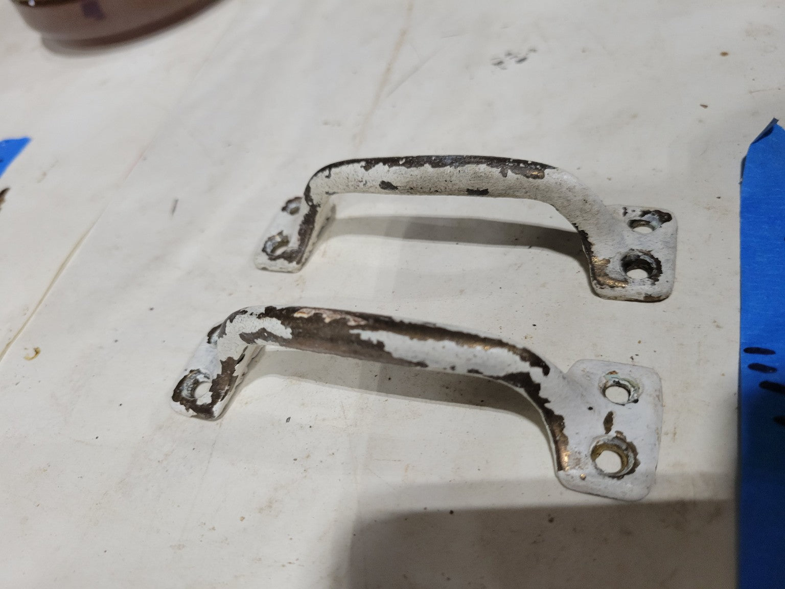 Set of 2 Vintage Cast Iron Drawer Pulls – White Paint Over Brass, 4 Width
