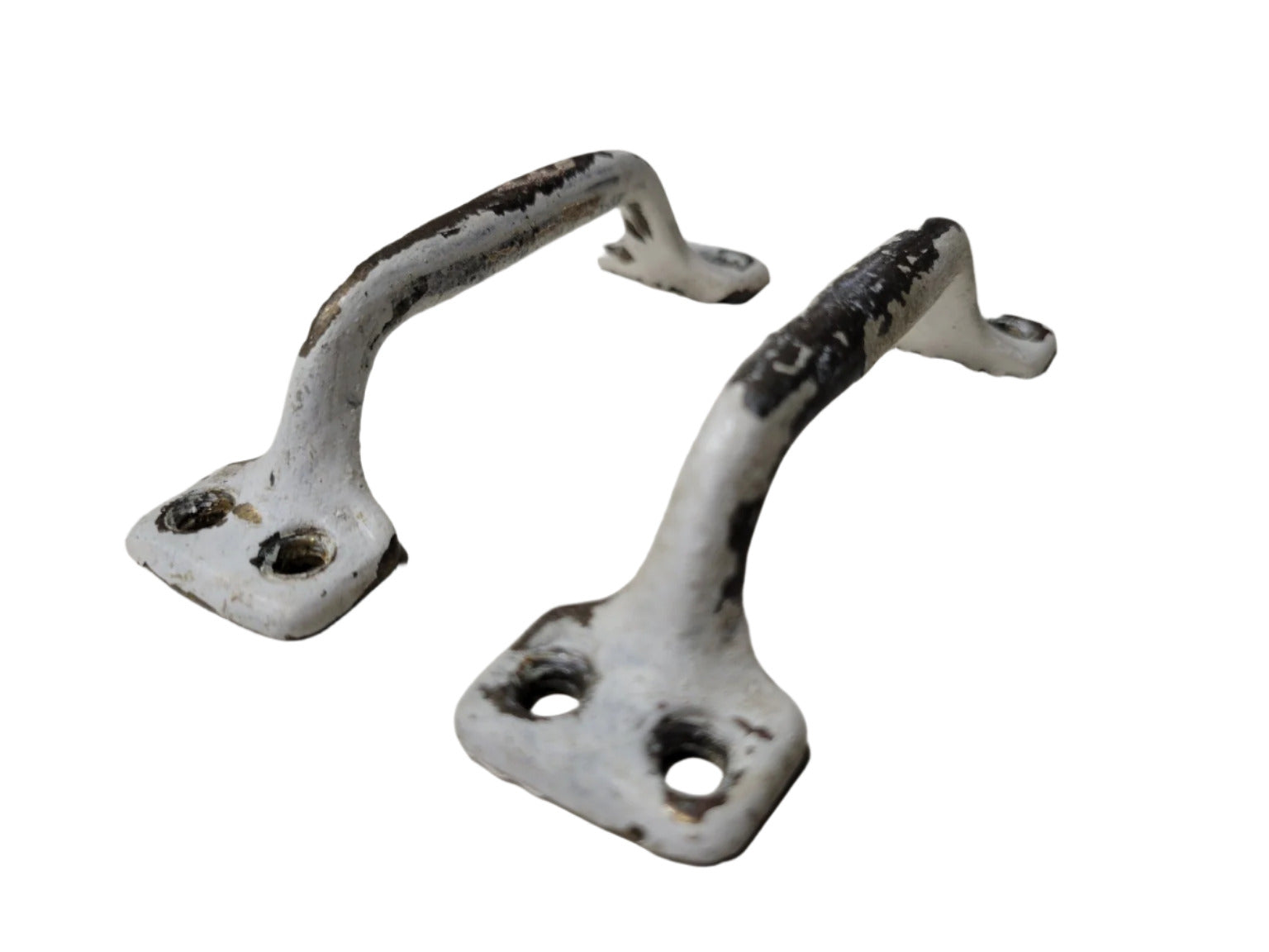 Set of 2 Vintage Cast Iron Drawer Pulls – White Paint Over Brass, 4 Width
