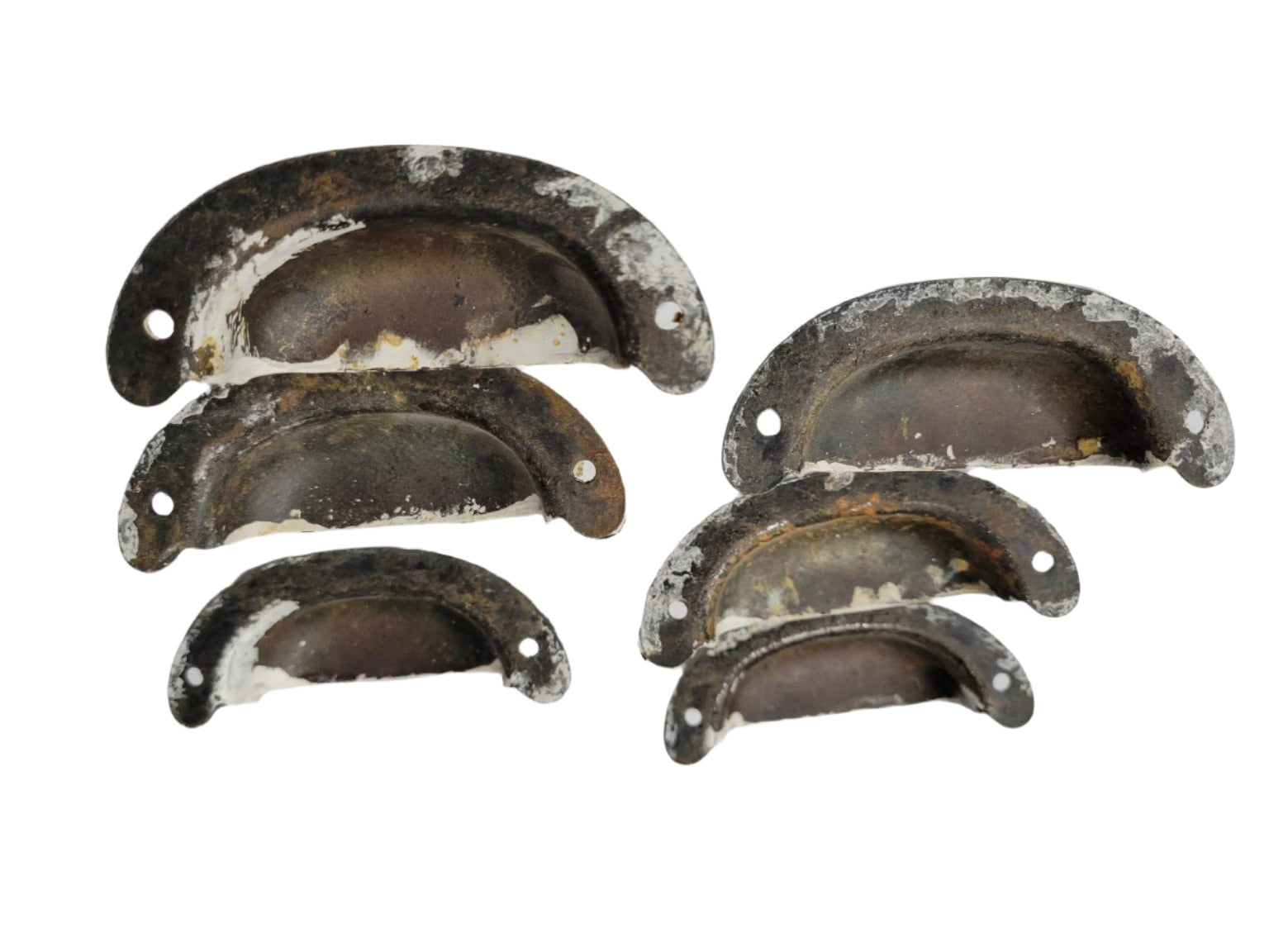 Set of 6 Vintage Cast Iron Bin Pulls – White Painted, 3 ¾" Wide