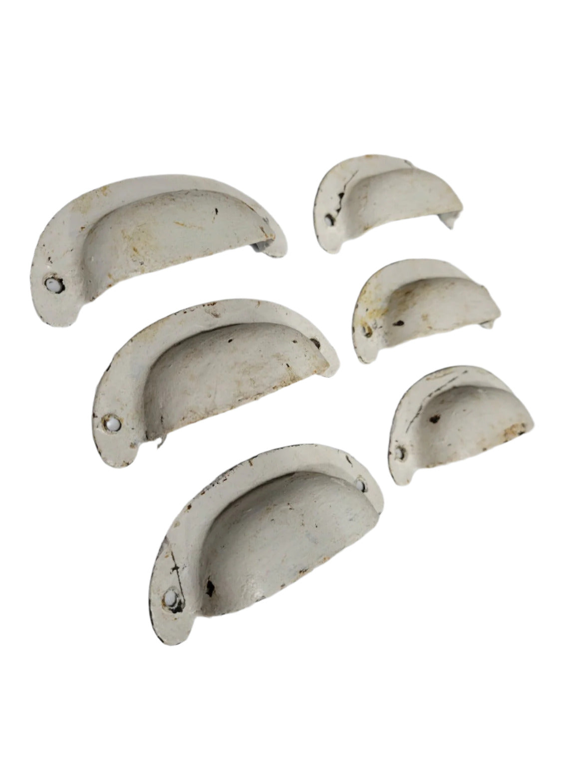 Set of 6 Vintage Cast Iron Bin Pulls – White Painted, 3 ¾" Wide