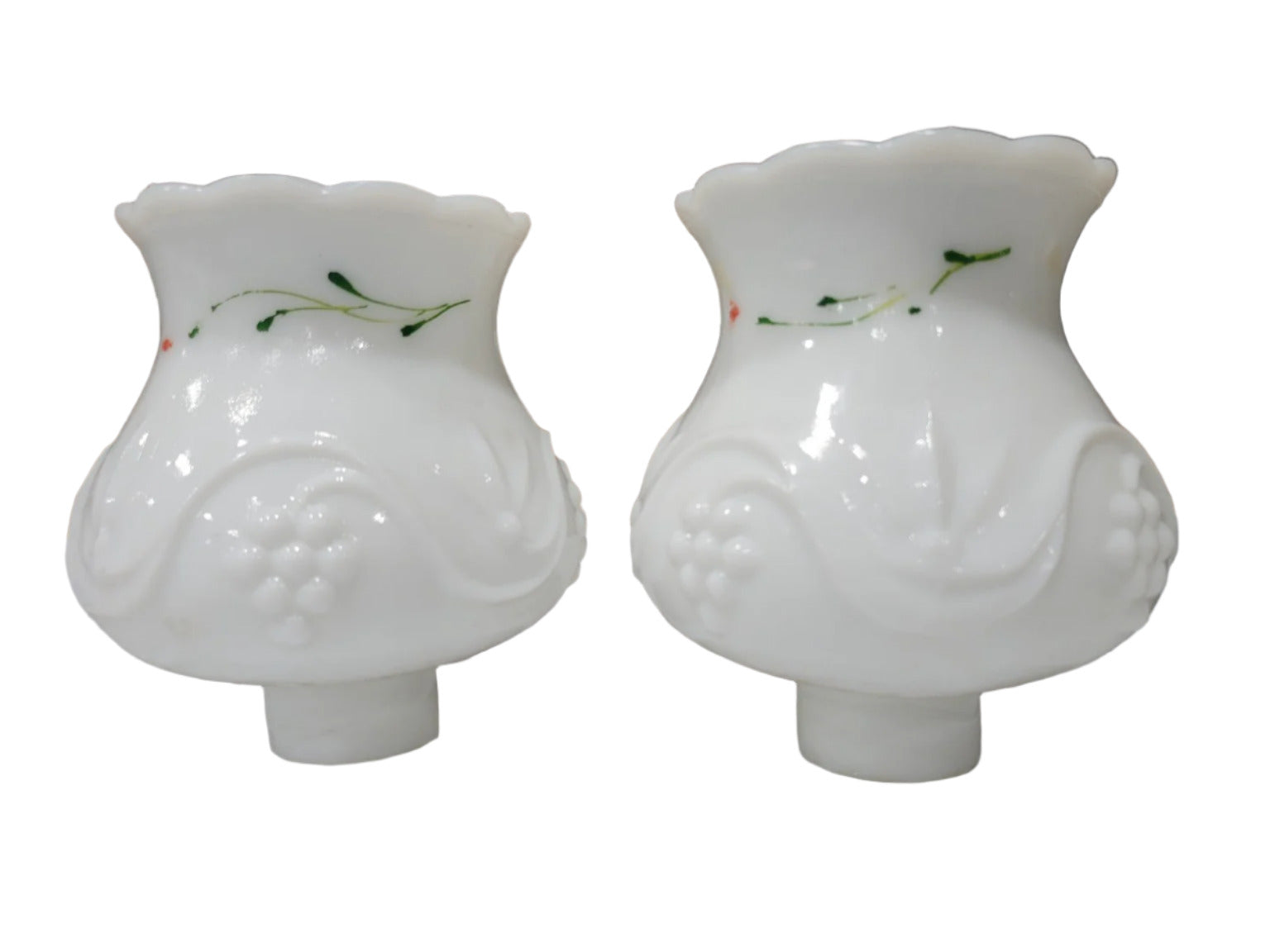 Pair of Vintage Milk Glass Light Shades with Painted Floral Accent