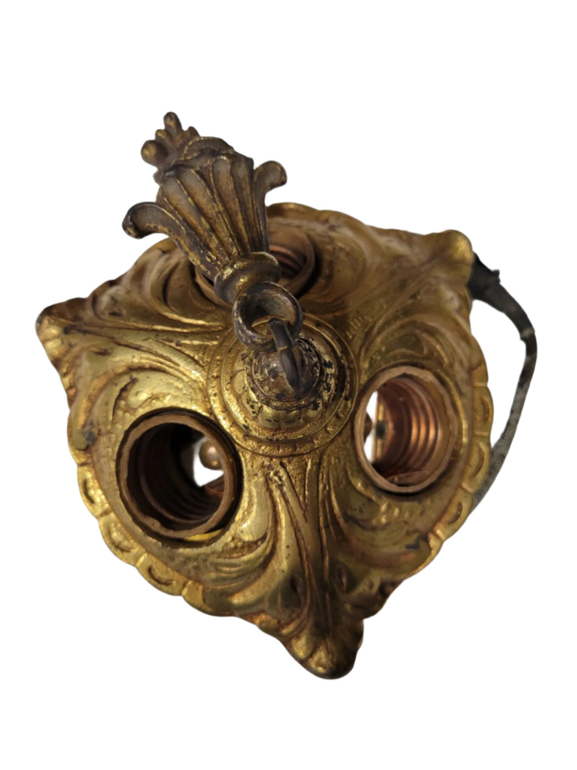 Antique Cast Brass Ceiling Light Base – Triple Socket with Ornate Finial