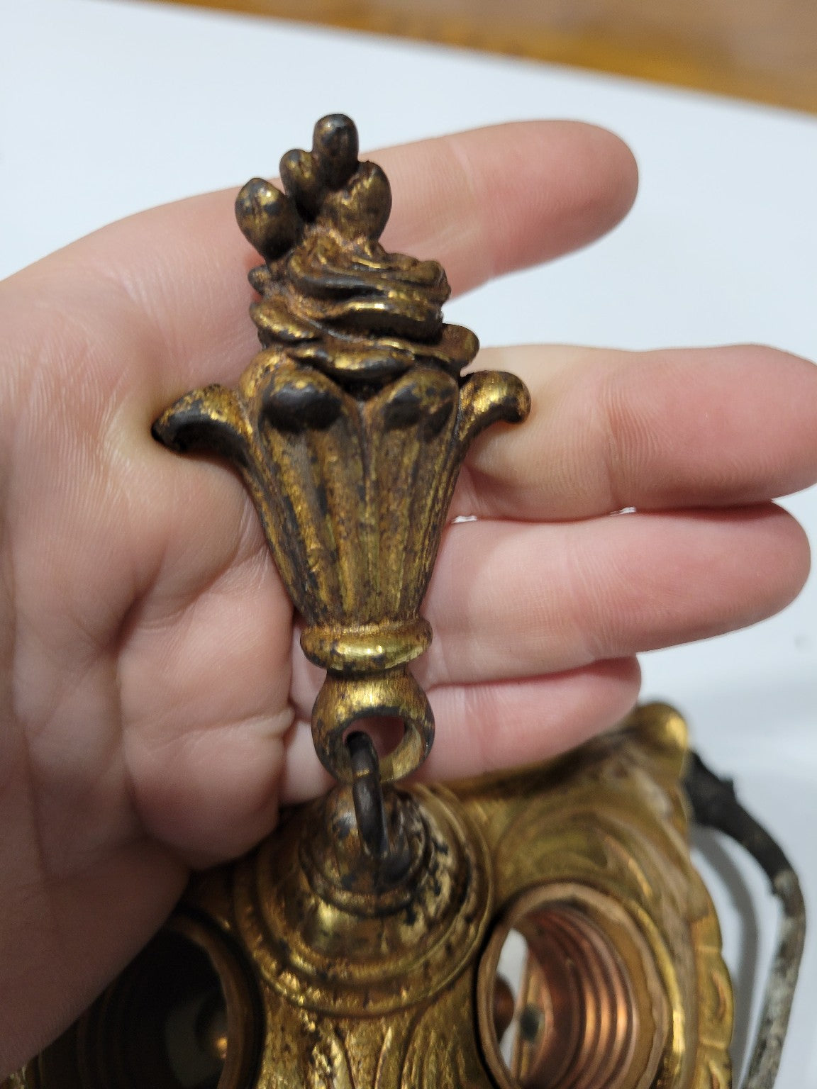 Antique Cast Brass Ceiling Light Base – Triple Socket with Ornate Finial