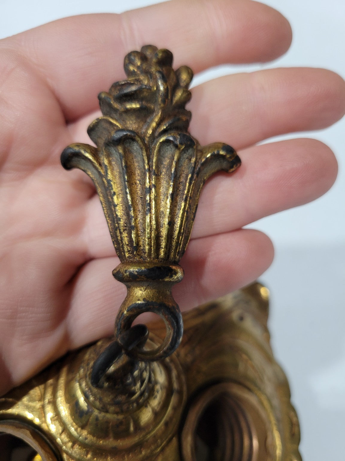 Antique Cast Brass Ceiling Light Base – Triple Socket with Ornate Finial