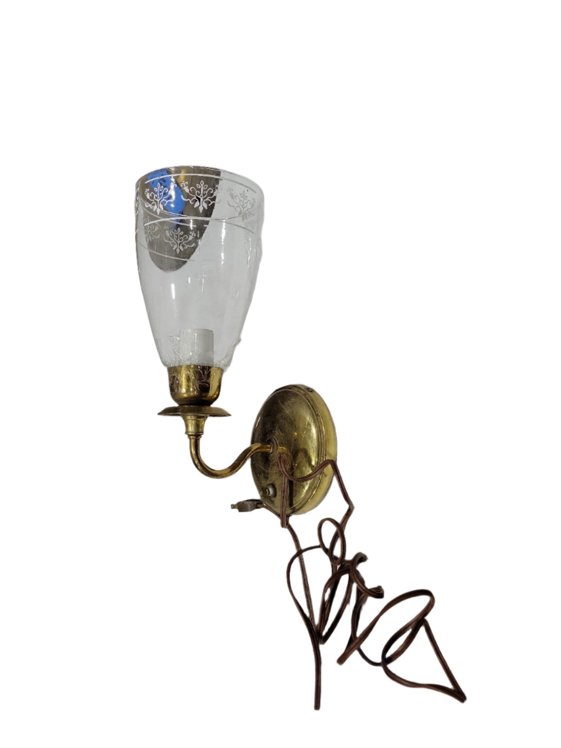 Vintage Brass Wall Sconce with Etched Glass Globe – Plug-In Fixture (AS IS)