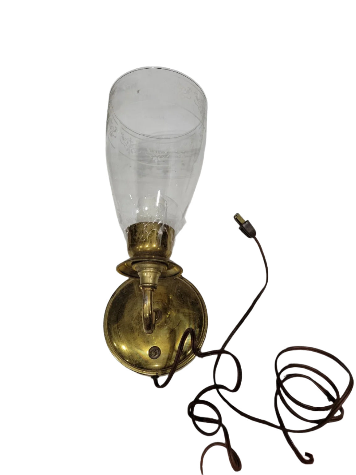 Vintage Brass Wall Sconce with Etched Glass Globe – Plug-In Fixture (AS IS)