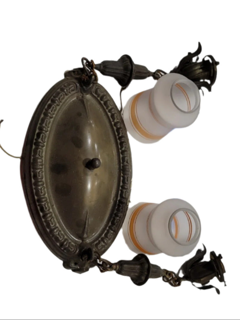 Art Deco 2-Light Brass Hanging Fixture with Frosted Glass Shades (AS IS)