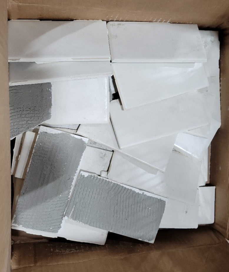 Lot of White Subway Ceramic Wall Tiles – Salvaged, 6" x 3" ea. (approx. 96 pieces, 1/3 broken)