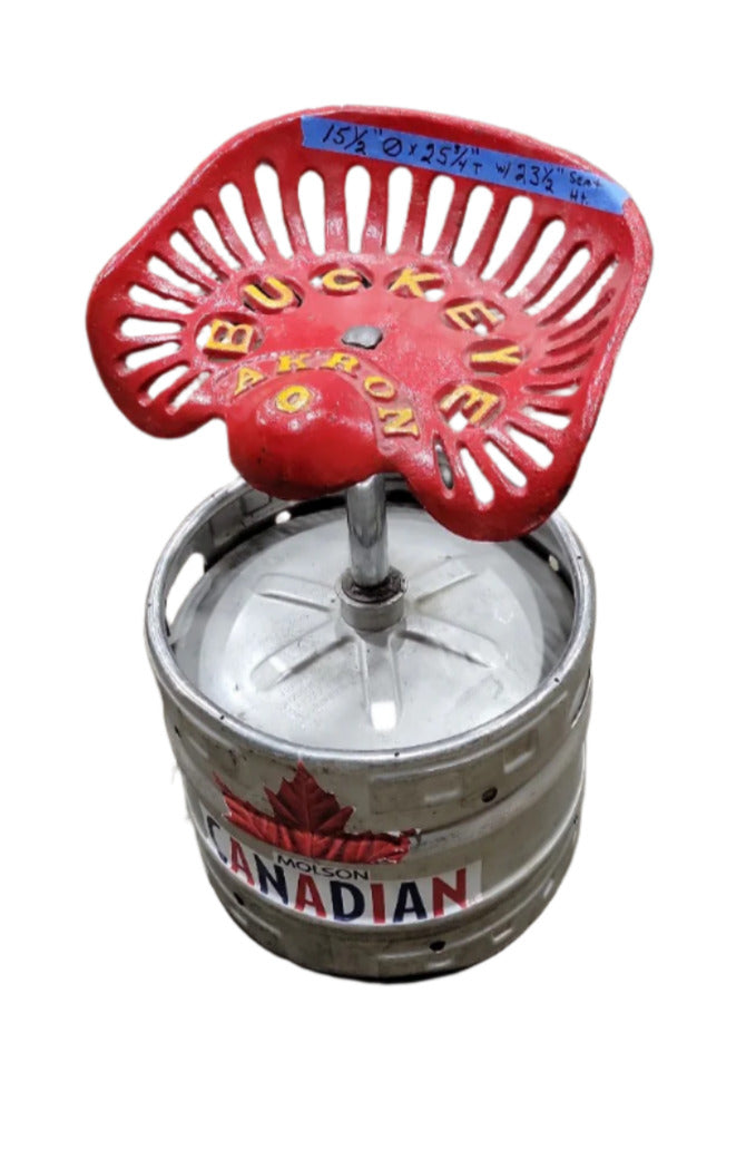 Industrial Keg Stool with Vintage Cast Iron Tractor Seat