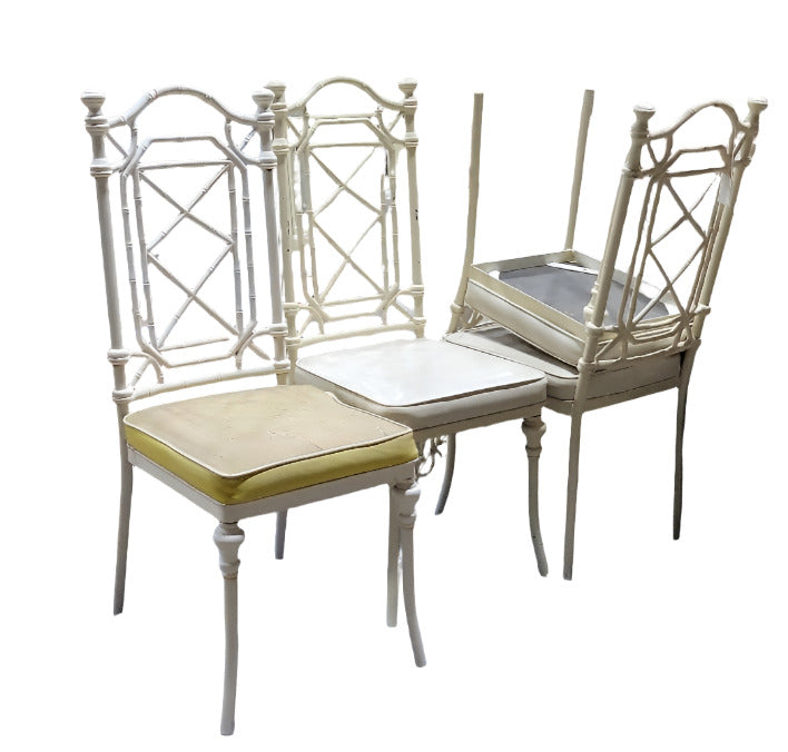 Set of 6 Vintage Faux Bamboo Metal Dining Chairs – White Finish with Yellow and White Vinyl Seats