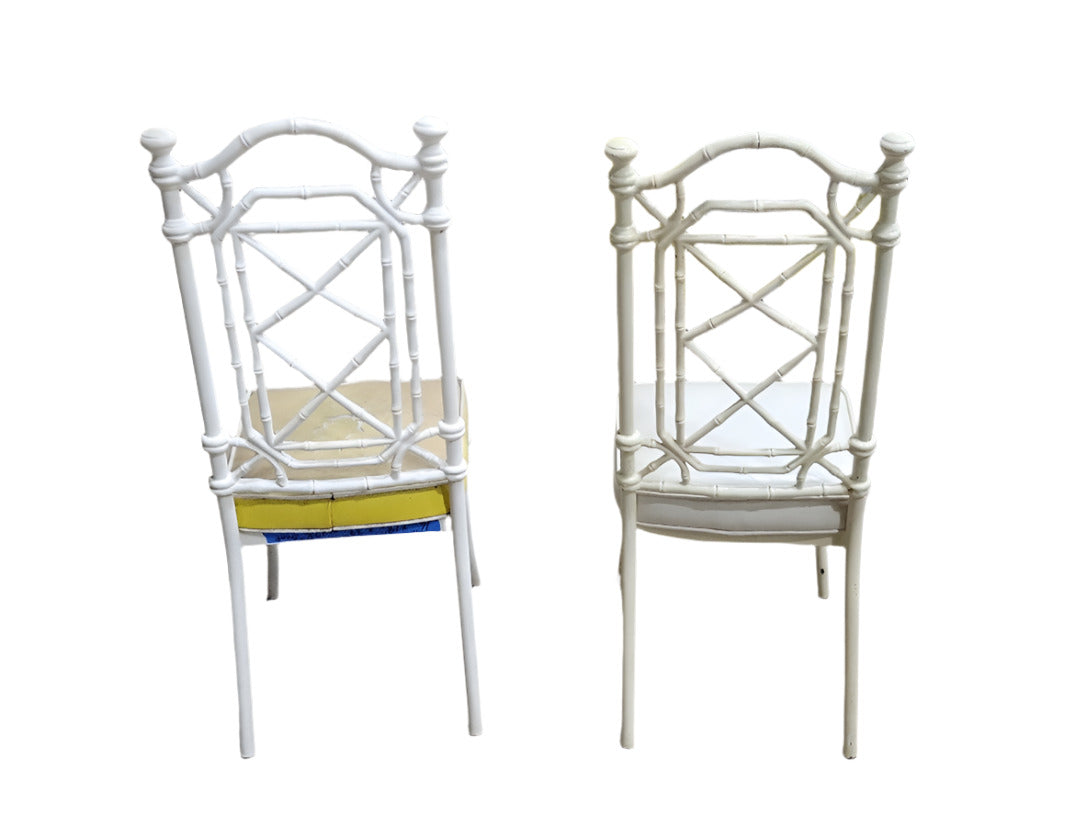Set of 6 Vintage Faux Bamboo Metal Dining Chairs – White Finish with Yellow and White Vinyl Seats