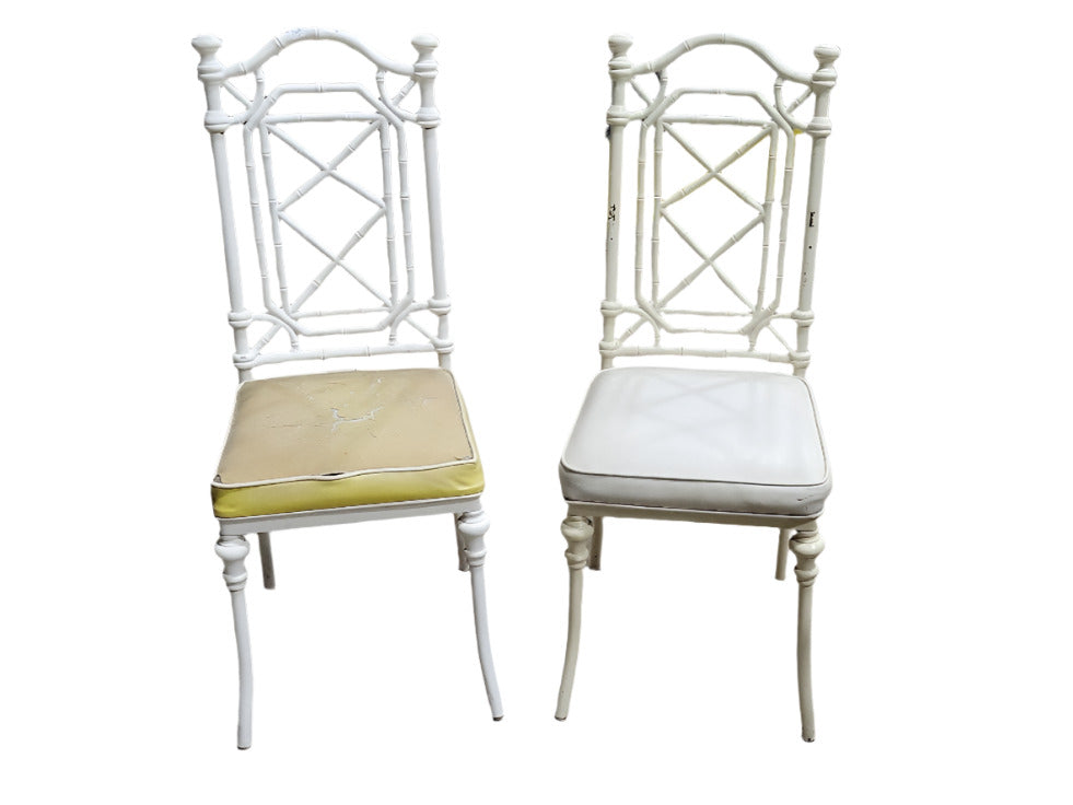 Set of 6 Vintage Faux Bamboo Metal Dining Chairs – White Finish with Yellow and White Vinyl Seats