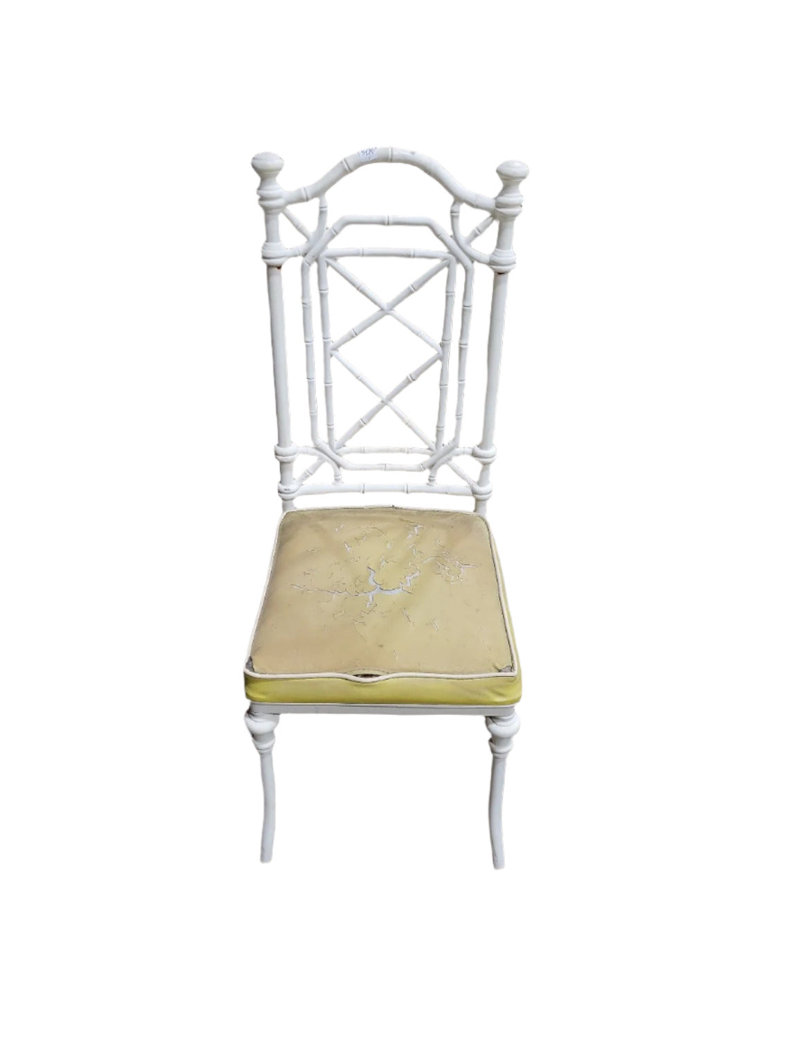 Set of 6 Vintage Faux Bamboo Metal Dining Chairs – White Finish with Yellow and White Vinyl Seats