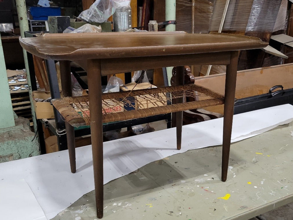 Mid-Century Modern Coffee Table with Woven Rattan Shelf