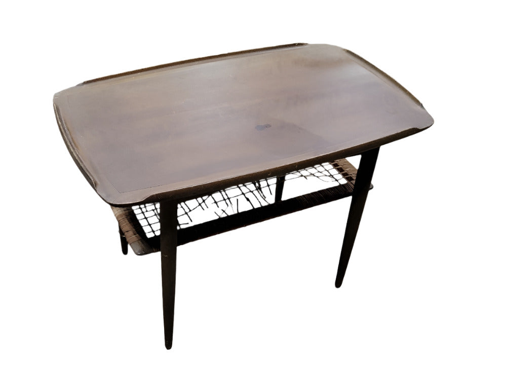 Mid-Century Modern Coffee Table with Woven Rattan Shelf