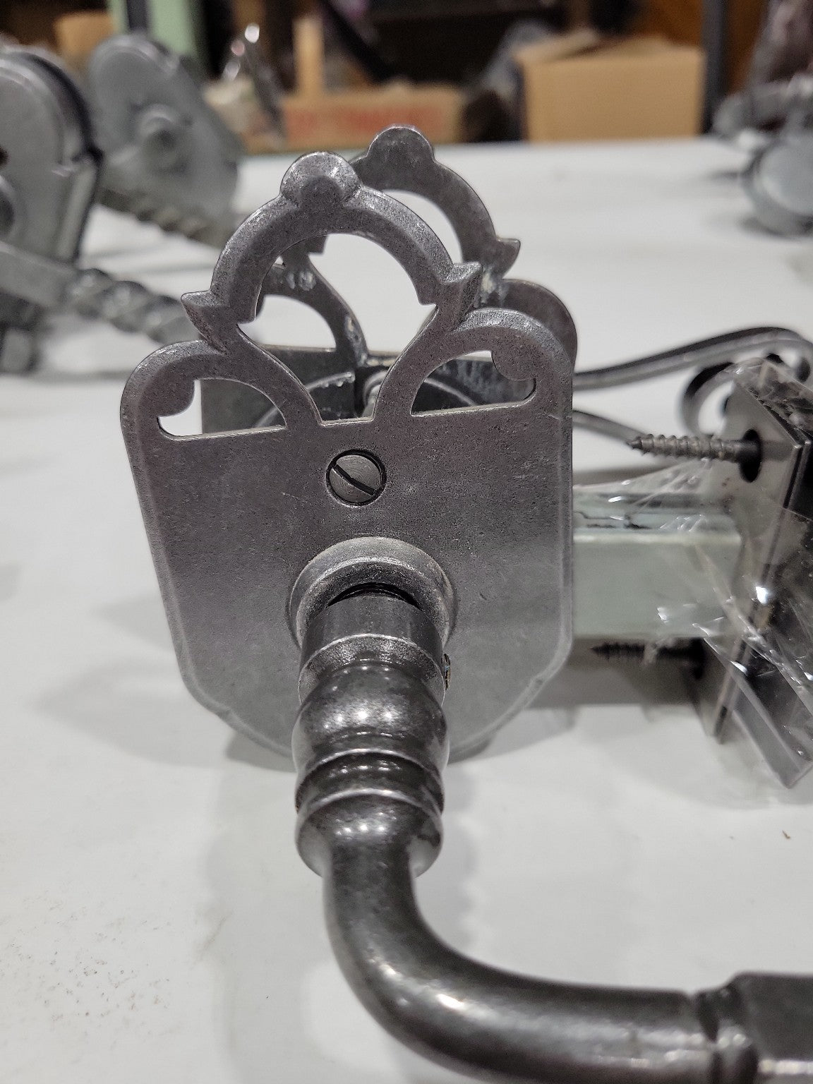 Emtek Lafayette Lever Set – Satin Steel Finish with Decorative Scroll Backplate