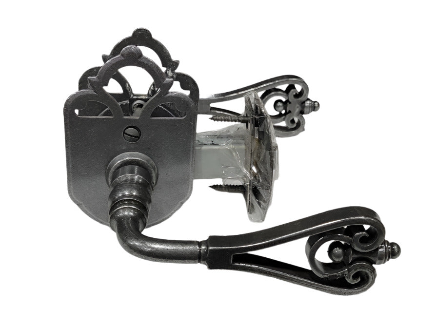 Emtek Lafayette Lever Set – Satin Steel Finish with Decorative Scroll Backplate