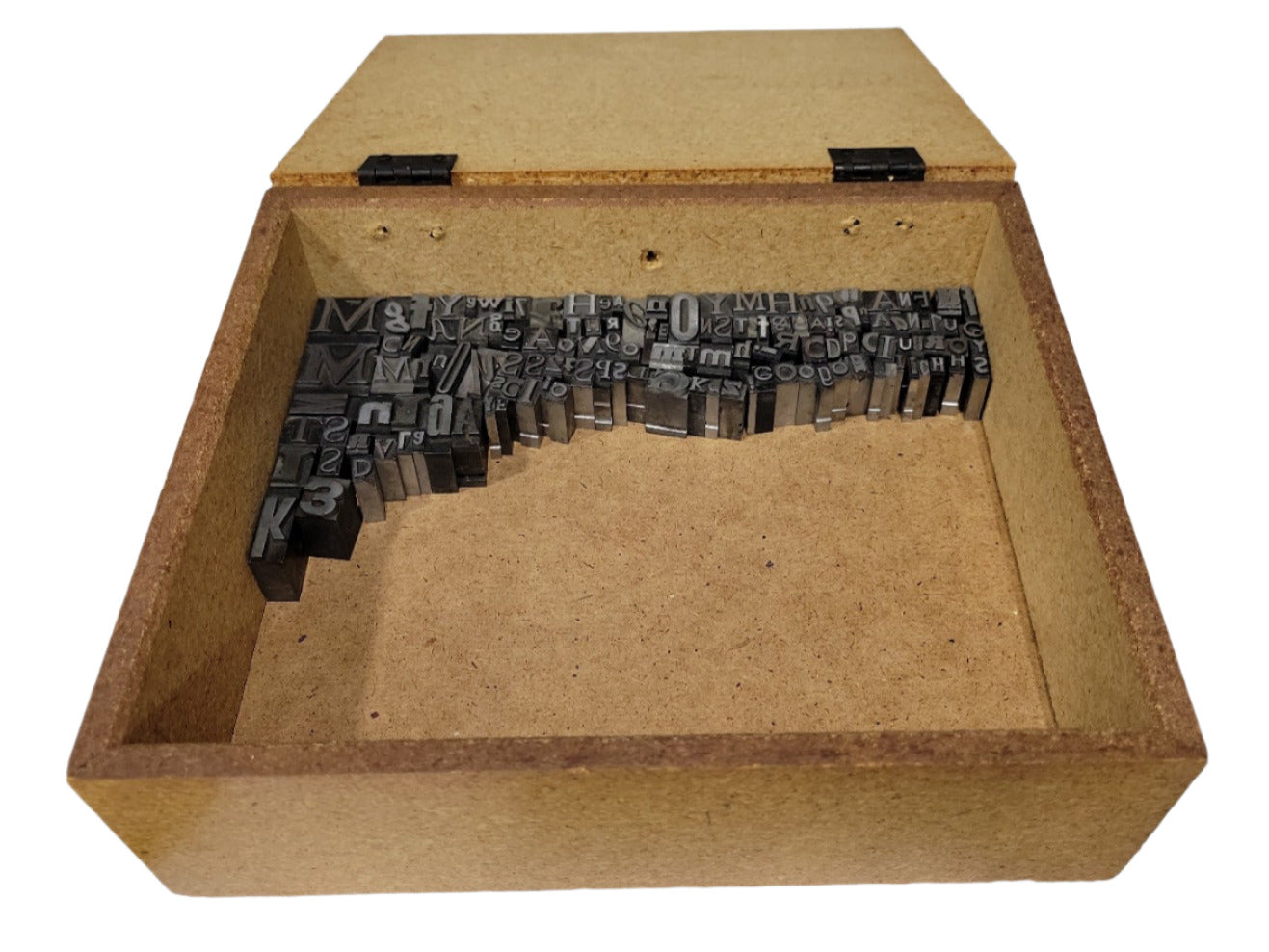 Vintage Letterpress Type Block Collection in Hinged Woodgrain Box – Mixed Typography