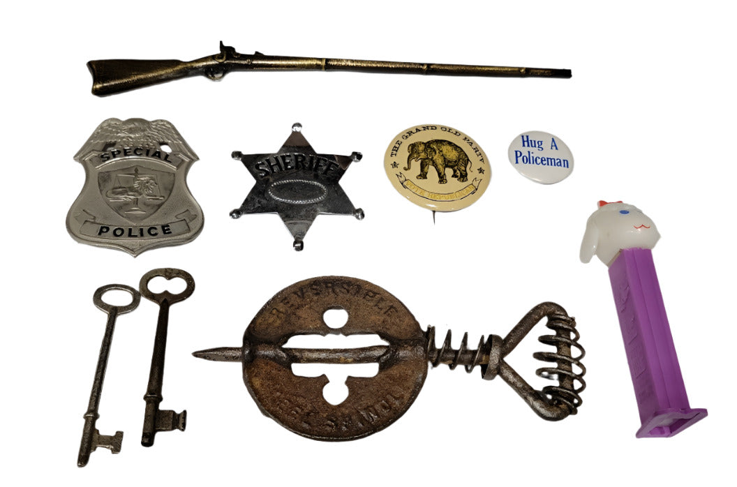Eclectic Vintage Curio Set – Keys, Badges, Rifle, and Political Memorabilia (9-Piece Lot)