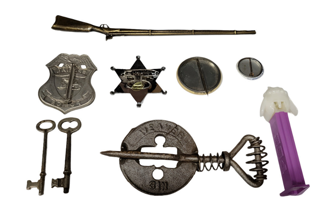 Eclectic Vintage Curio Set – Keys, Badges, Rifle, and Political Memorabilia (9-Piece Lot)