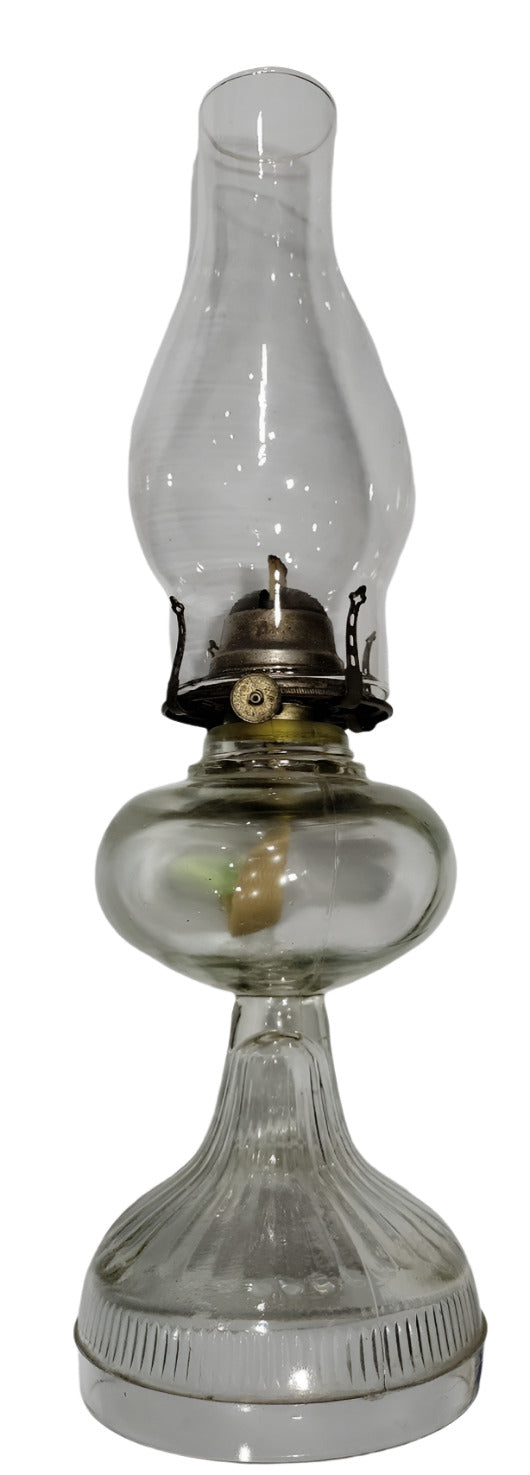 Antique Clear Glass Oil Lamp – Embossed Base, 17" Tall