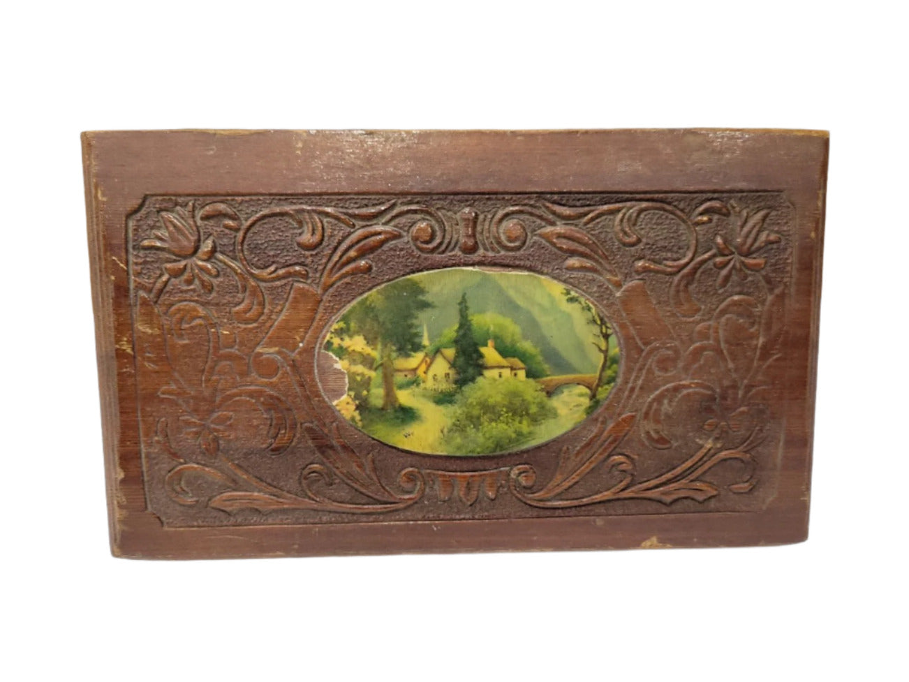 Antique Carved Wooden Keepsake Box – Floral Relief with Pastoral Inset
