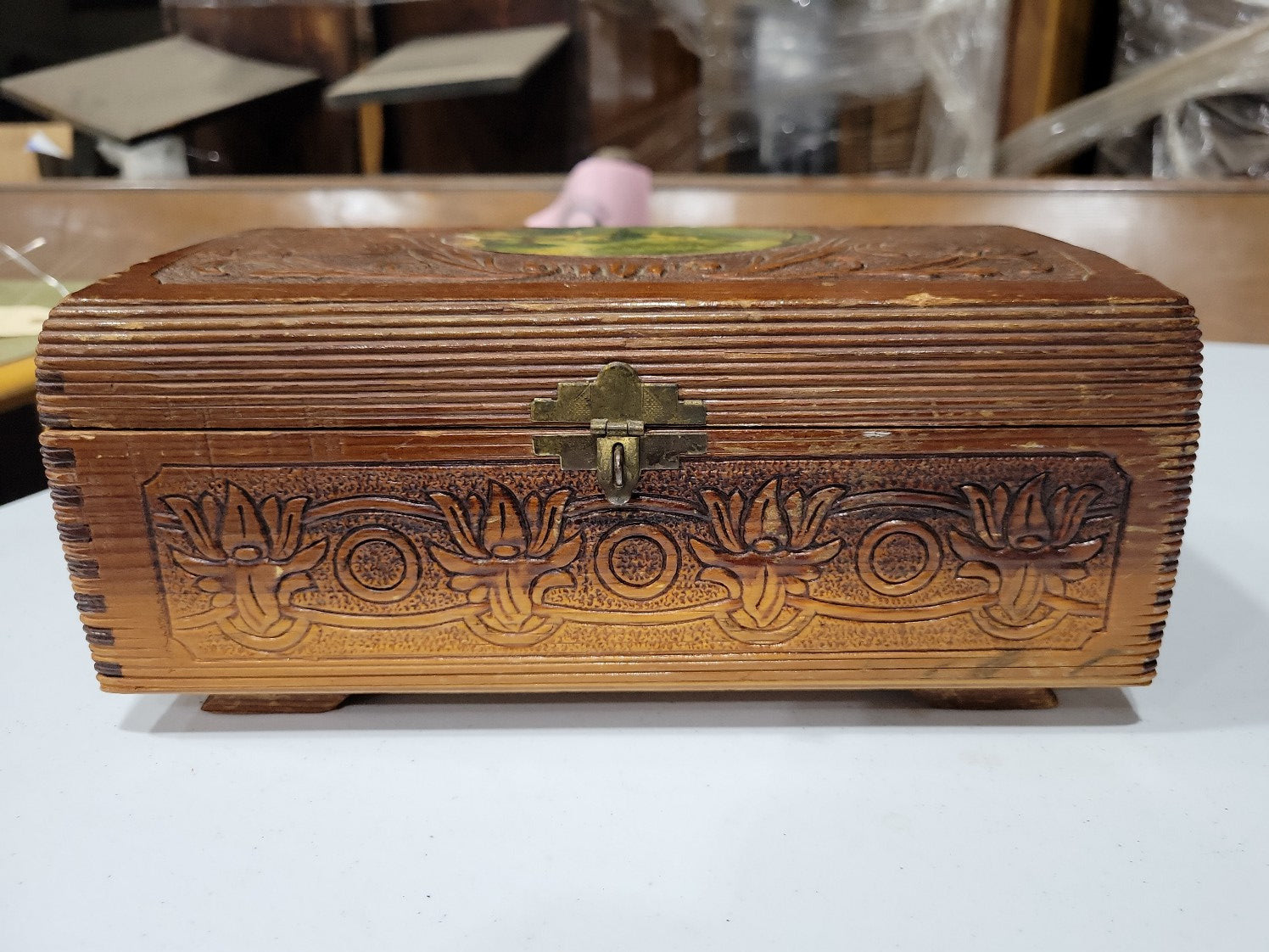 Antique Carved Wooden Keepsake Box – Floral Relief with Pastoral Inset