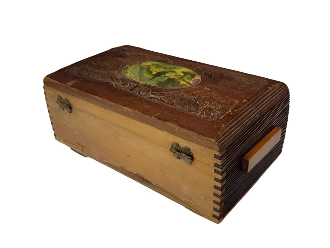 Antique Carved Wooden Keepsake Box – Floral Relief with Pastoral Inset