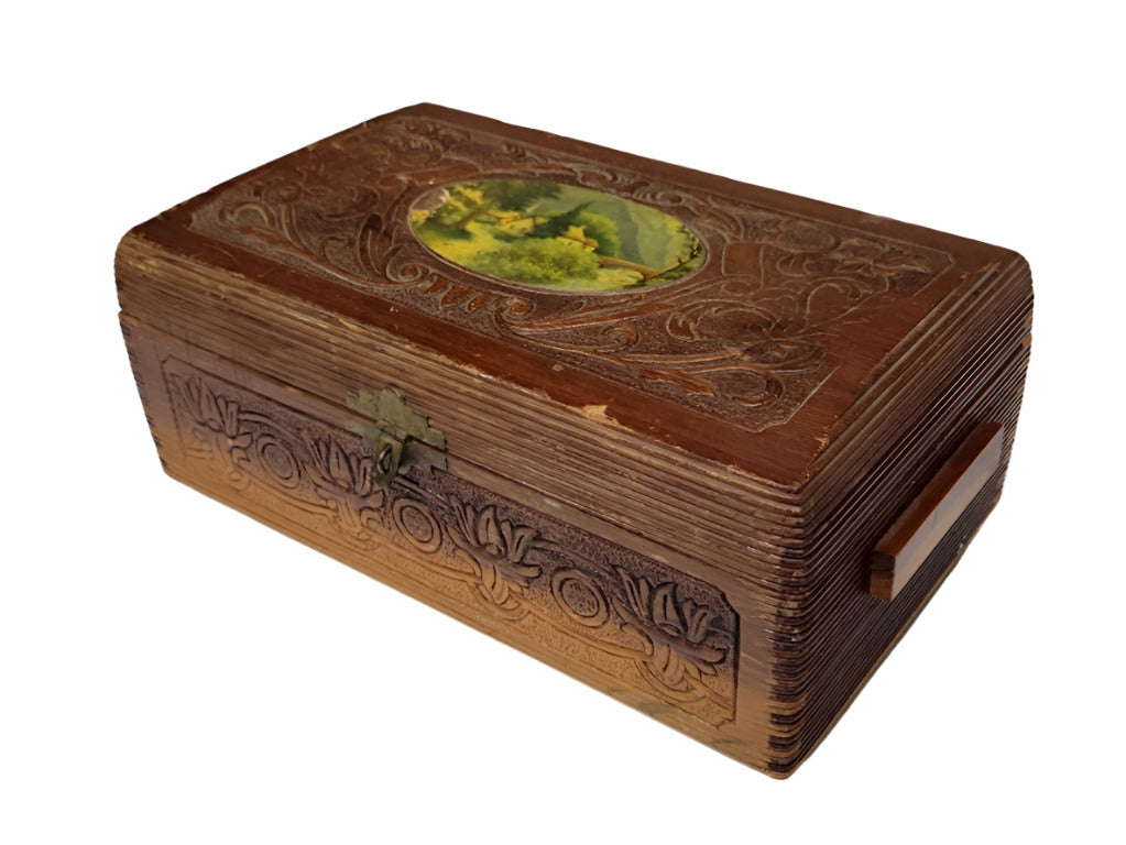 Antique Carved Wooden Keepsake Box – Floral Relief with Pastoral Inset