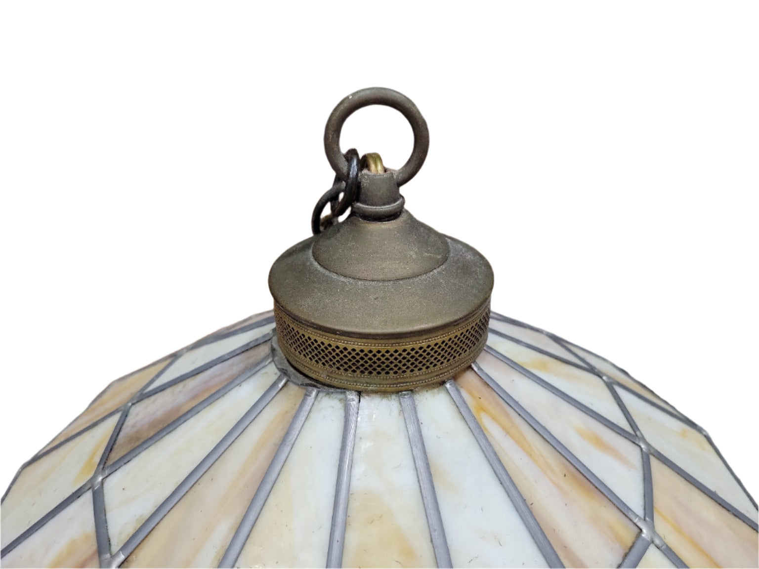 Vintage Stained Glass Pendant Light – Cream & Amber Geometric Paneling