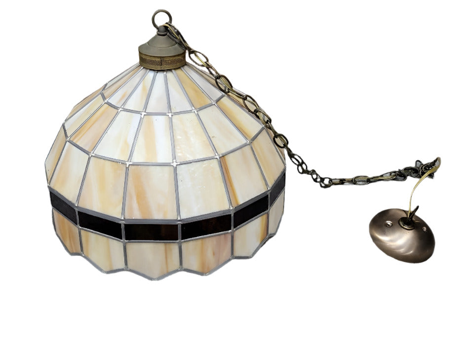 Vintage Stained Glass Pendant Light – Cream & Amber Geometric Paneling