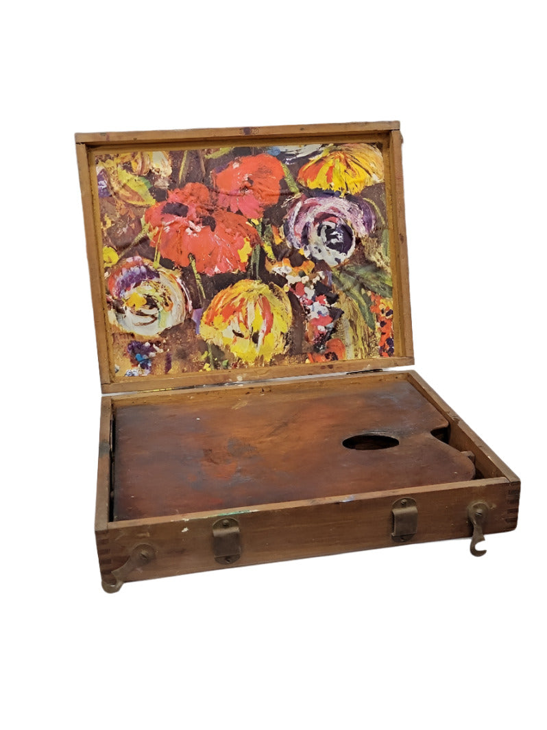 Vintage Wooden Artist Paint Box with Palette and Floral Interior
