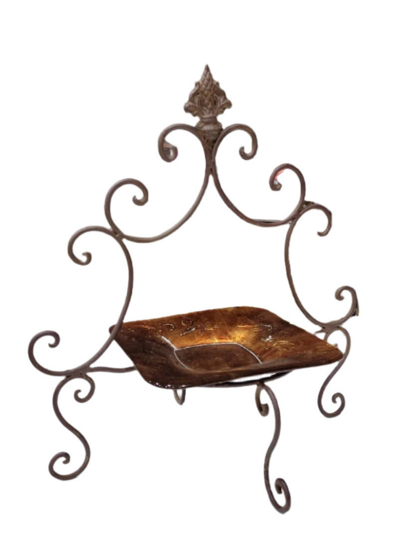 Decorative Iron Scrollwork Stand with Copper-Tone Dish