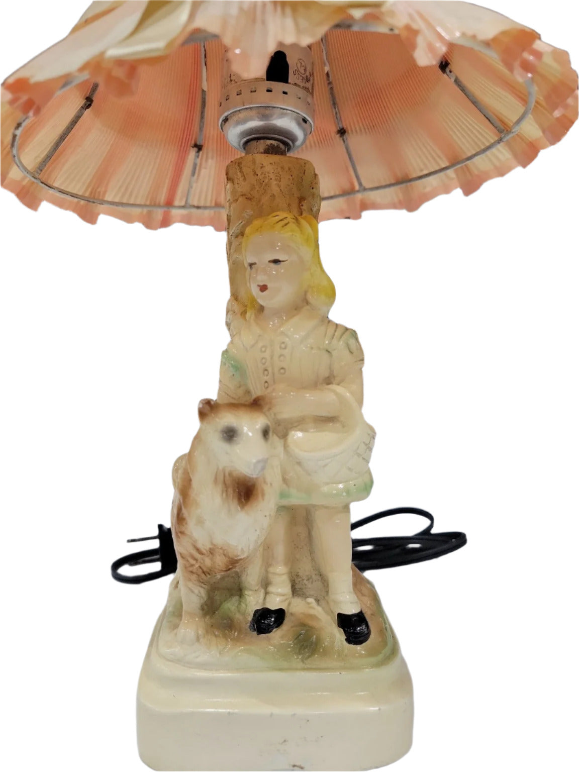 Vintage Girl & Dog Figurine Lamp with Ruffled Shade