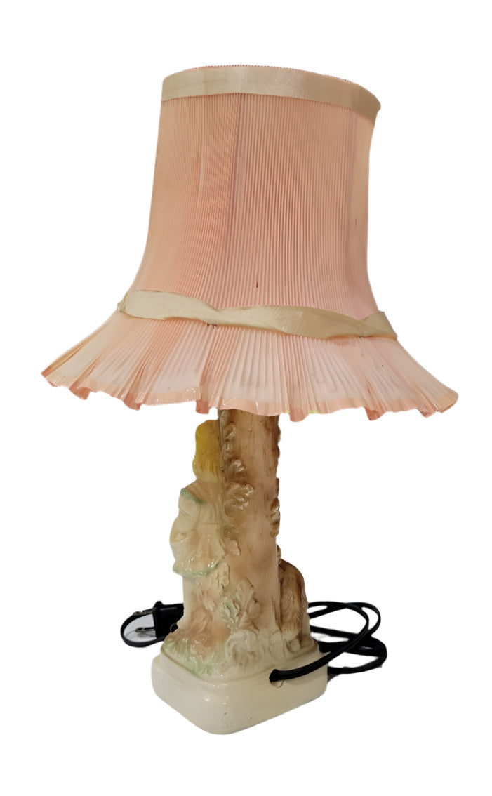 Vintage Girl & Dog Figurine Lamp with Ruffled Shade
